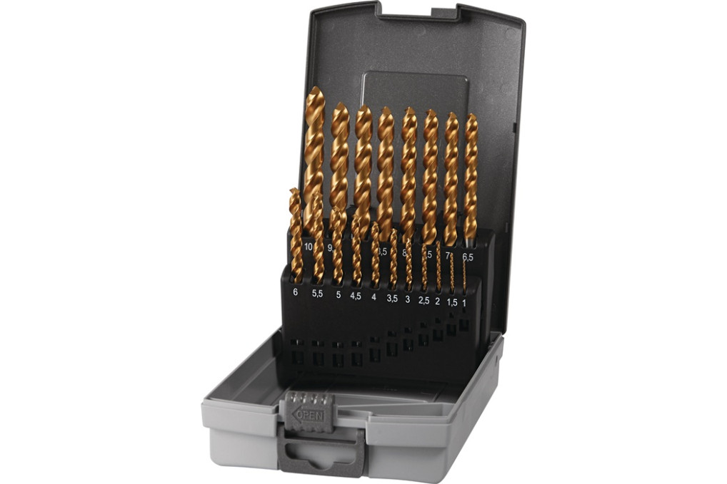 Spiralbohrersatz DIN 338 Typ UNI D.1 10x0,5mm HSS Co TiN 19 tlg.Ku. Kass.TECWERK Spiralbohrersatz DIN 338 Typ UNI D.1 10x0,5mm HSS Co TiN 19 tlg.Ku. Kass.TECWERK