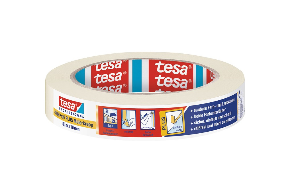 Malerkreppband 4306 Profi PLUS leicht gekreppt hellbeige L.50m B.19mm Rl.TESA Malerkreppband 4306 Profi PLUS leicht gekreppt hellbeige L.50m B.19mm Rl.TESA