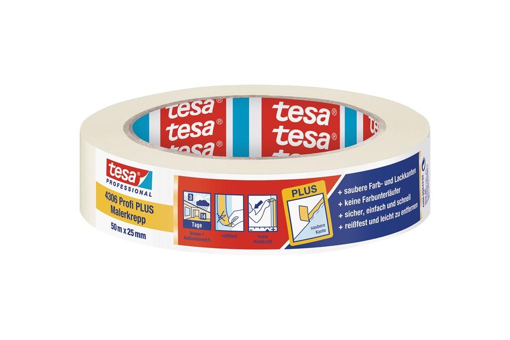 Malerkreppband 4306 Profi PLUS leicht gekreppt hellbeige L.50m B.25mm Rl.TESA Malerkreppband 4306 Profi PLUS leicht gekreppt hellbeige L.50m B.25mm Rl.TESA