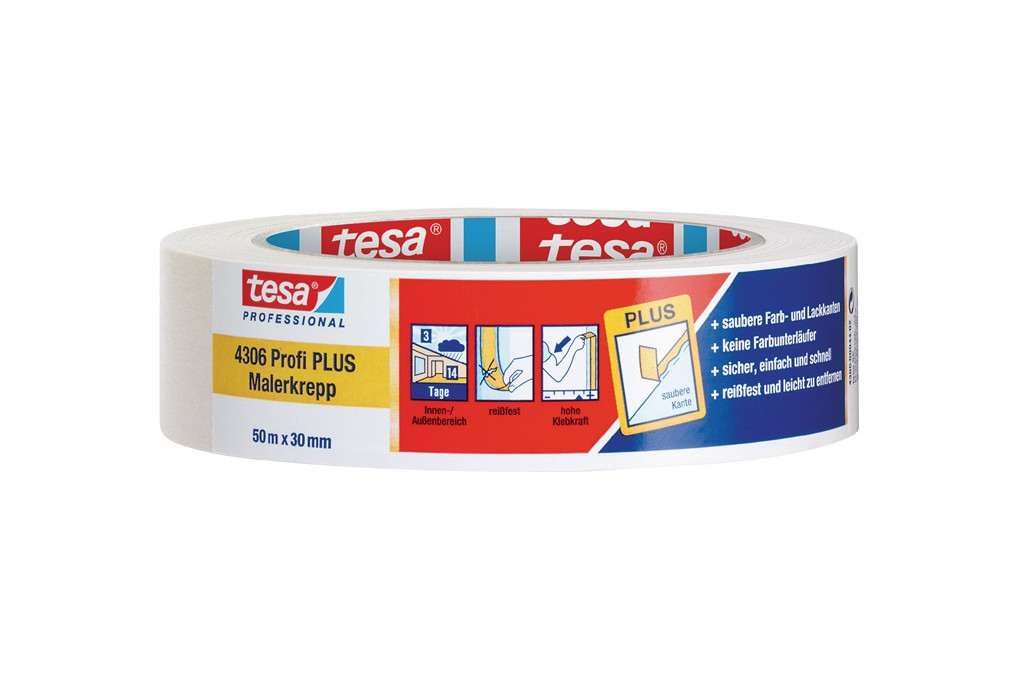 Malerkreppband 4306 Profi PLUS leicht gekreppt hellbeige L.50m B.30mm Rl.TESA Malerkreppband 4306 Profi PLUS leicht gekreppt hellbeige L.50m B.30mm Rl.TESA