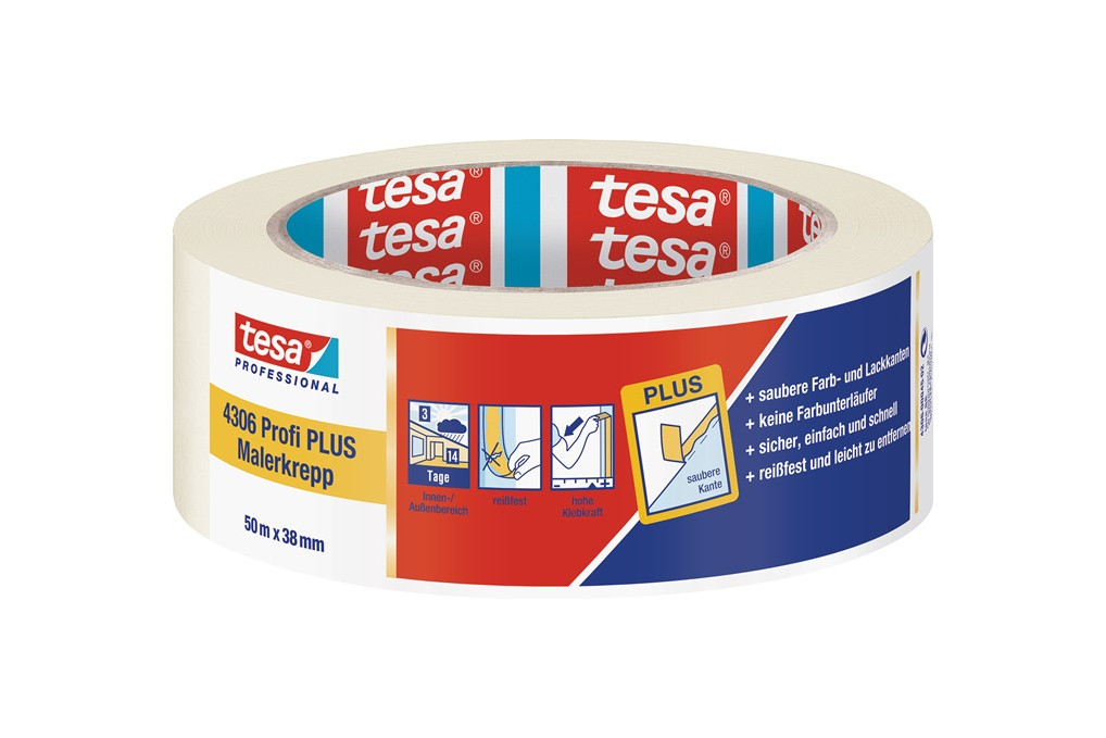 Malerkreppband 4306 Profi PLUS leicht gekreppt hellbeige L.50m B.38mm Rl.TESA Malerkreppband 4306 Profi PLUS leicht gekreppt hellbeige L.50m B.38mm Rl.TESA