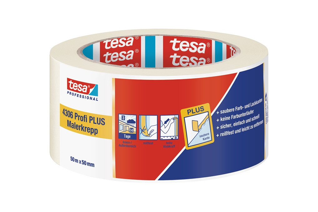 Malerkreppband 4306 Profi PLUS leicht gekreppt hellbeige L.50m B.50mm Rl.TESA Malerkreppband 4306 Profi PLUS leicht gekreppt hellbeige L.50m B.50mm Rl.TESA